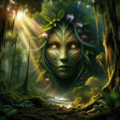 Primary subject: A face with green hair and flowers, surrounded by a forest.

Setting/background: The face is set against a backdrop of a forest, with trees and plants in the background.

Visual style: The image is a digital art or illustration, featuring a detailed and intricate design.

Colors and mood: The colors are predominantly green, with the face and hair being green, and the flowers adding a touch of color. The overall atmosphere is serene and natural, reflecting the